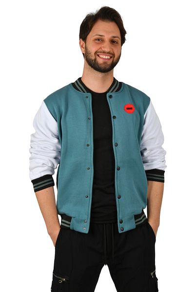 Rizz up Men's Turquoise Three Thread Ribbed College Collar Coat Jacket2304772
