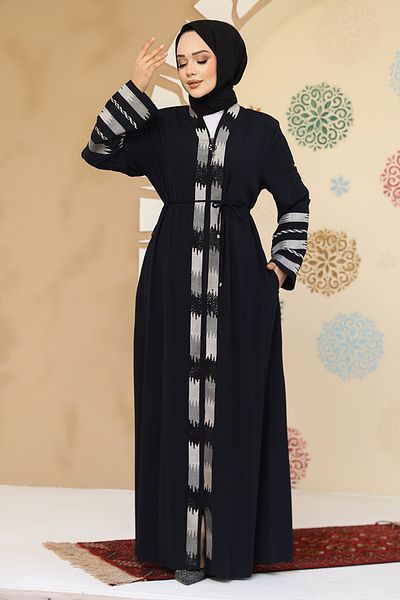 Neva Style Patterned Navy Blue Hijab Abaya 45303L