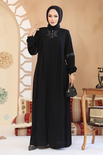 Neva Style Abaya hijab neagră cu fermoar 45299S