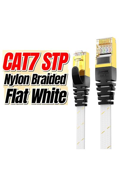 Choice كابل إيثرنت Ampcom Cat7 أبيض بطول 2 متر، كابل شبكة LAN مسطح، كابل شبكة SFTP دائري RJ45، كابل إنترنت Cat 7