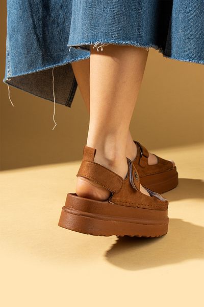 Pembe Potin Women's Tan Suede Thick Sole Banded Comfortable Sole Stylish Daily Sandals