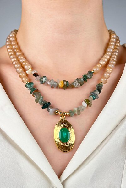 Sose Moda Altın Kaplamalı Uçlu Çift Sıra Doğal Taş ve Boncuk Kolye - Yeşil