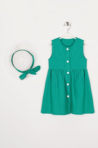 zepkids Κοριτσίστικο φόρεμα με λαιμόκοψη με μηδενικό μανίκι με κουμπιά και καπέλο πράσινο χρώμα