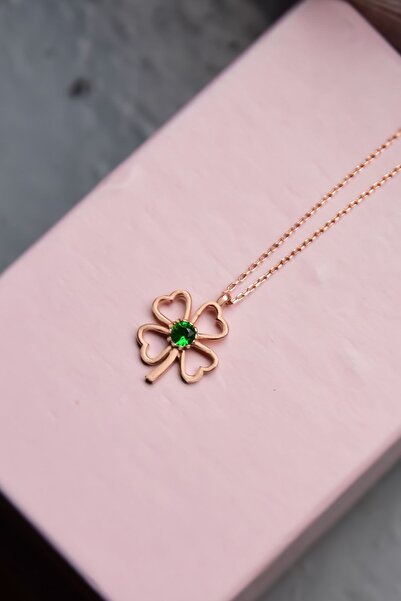 Papatya Silver 925 Ayar Gümüş Rose Kaplama Yeşil Taşlı Yonca Kolye