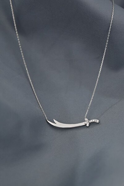 Papatya Silver 925 Ayar Gümüş Rodyum Kaplama Yatay Taşlı Zülfikar Kılıç Kolye