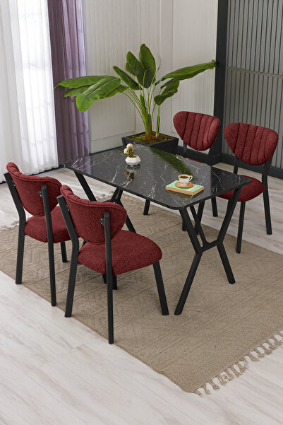 Armens Life Mobilya, Lojistik & Elektronik Ticaret Elma Modeli Masa Sandalye Takımı, 4 Sandalye 1 Sabit Siyah Mermer Desen Masa  110x70 Cm, Keten Kumaş