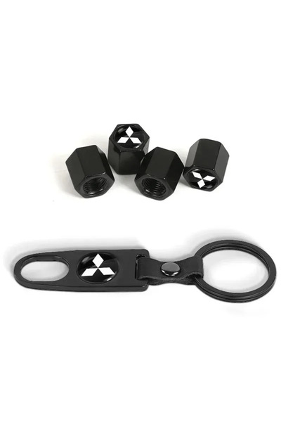 Choice غطاء صمام عجلة سيارة سوداء مع سلسلة مفاتيح وشعار حلقة مفاتيح لسيارة ميتسوبيشي أوتلاندر لانسر 10