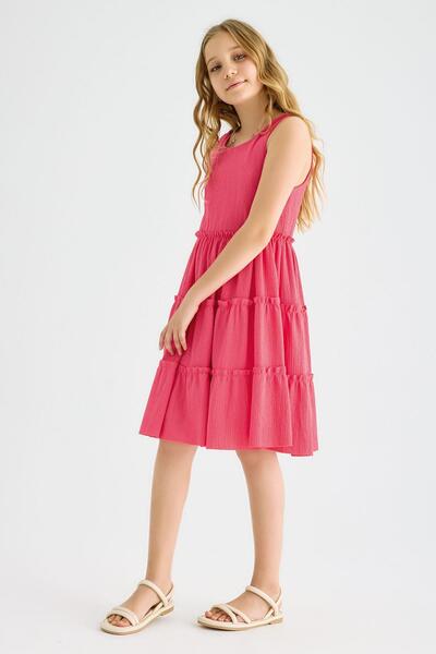 zepkids Crew Neck Zero Sleeve Elastic Waist Fuchsia Color Girl's Dress