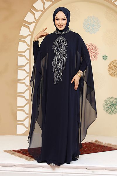 Neva Style Poncho Detailed Navy Blue Hijab Abaya 25914L