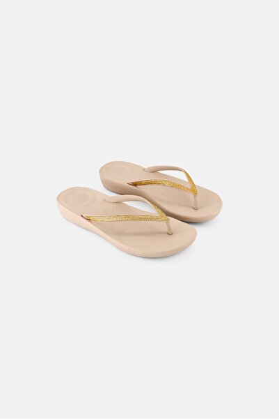 Fitflop Women Iqushion Sparkle Open Toe Slip On Slipper, Stone Beige