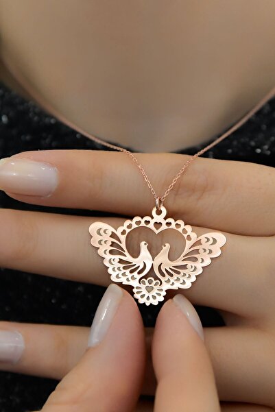 Papatya Silver 925 Ayar Gümüş Rose Kaplama Desenli Çifte Kumrular Kadın Kolye