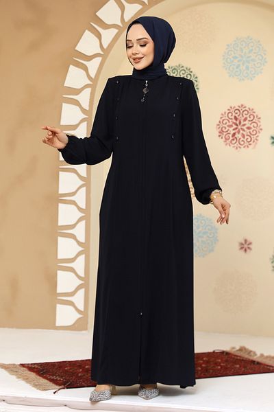 Neva Style Button Detailed Navy Blue Hijab Abaya 45304L