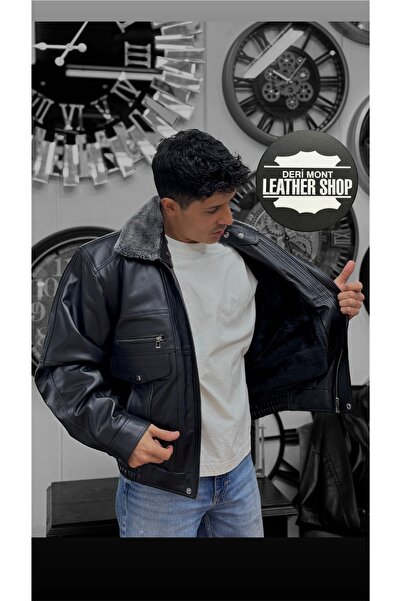 derimont معطف من الجلد الطبيعي بياقة وفرو داخلي وخصر مطاطي