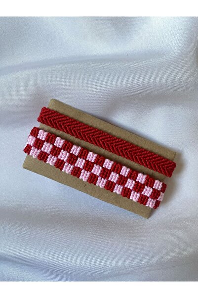 MELUSH مجموعة أساور محبوكة بنمط الشطرنج باللونين الوردي والأحمر مكونة من قطعتين