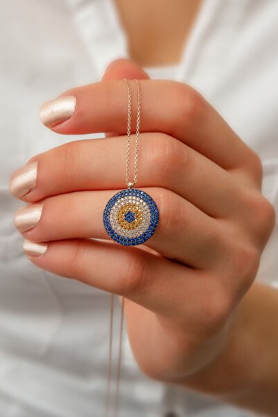 Papatya Silver Nazar Kolye 925 Ayar Gümüş Mavi Sarı Ve Beyaz Nano Zirkon Taşl...