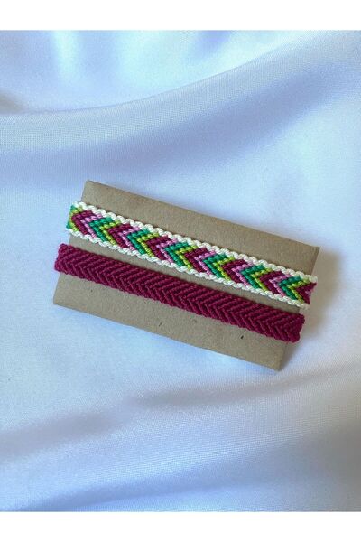MELUSH Pink and Green Colored Braided Bracelet Set of 2 with Frame Detail