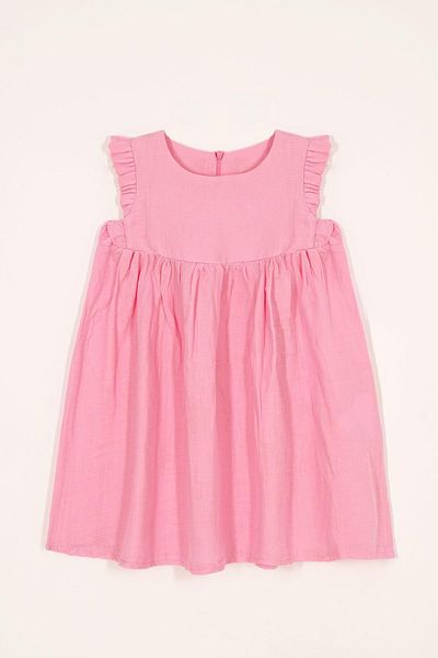 zepkids Crew Neck Ruffled Shoulders Light Pink Color Girl's Dress