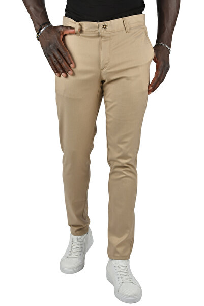 Rizz up Men's Beige Self-Line Patterned Slim Fit Lycra Linen Trousers 2400721