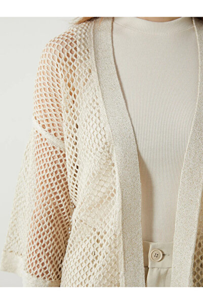 LC Waikiki Bej Şal Yaka Ajurlu Oversize Kadın Triko Hırka