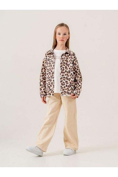 Zekids Girl's Leopard Patterned Denim Jacket T-Shirt Set