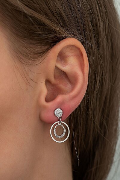 Papatya Silver 925 Ayar Rodyum Kaplama Taşlı Halka Sallantılı Gümüş Küpe