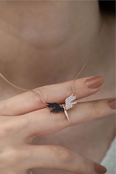 Papatya Silver 925 Ayar Siyah Beyaz Taşlı Gümüş Melek Kolye