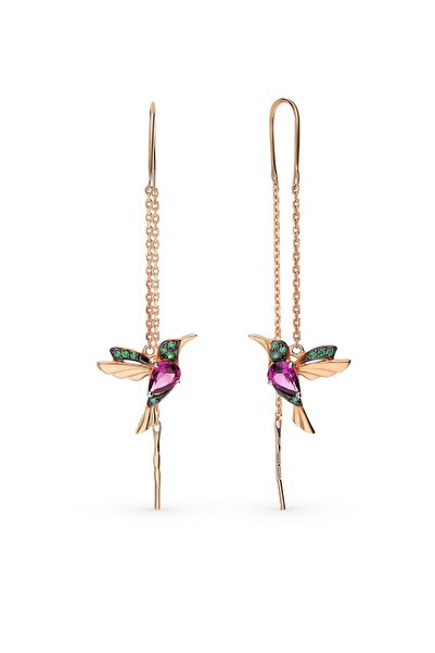 Papatya Silver 925 Ayar Gümüş Rose Kaplama Kuş Model Sallantılı Zincir Küpe