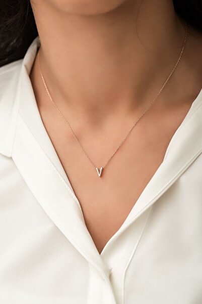 Papatya Silver Harf Kolye. Üç Boyutlu V Harfi. Rose Altın Kaplama 925 Ayar Gü...