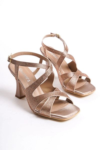 Shoesers Women's Special Satin Design Stone Paved Asymmetrical Banded Blunt Toe Heeled Shoes