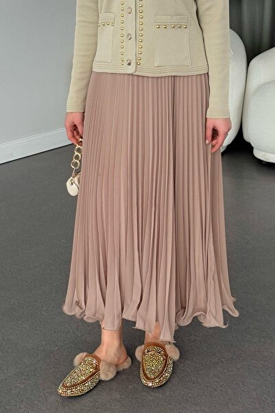 HAZA MODA Piliseli Şifon Etek Pudra