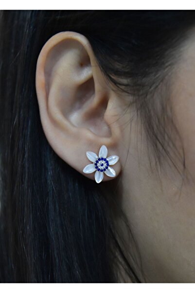 Papatya Silver 925 Gümüş Rodyum Kaplama Nazar Sedef Küpe