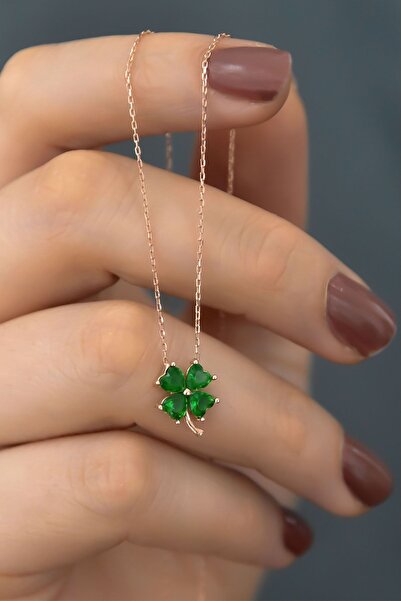 Papatya Silver 925 Ayar Gümüş Rose Kaplama Yeşil Taşlı Yonca Kadın Kolye