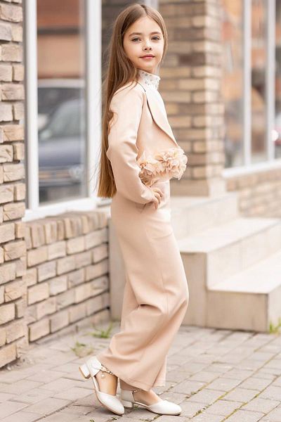 Riccotarz Girl's Flower Brooch Detailed Blazer Jacket Halter Collar Stone Detailed Blouse Cream Bottom Top Suit