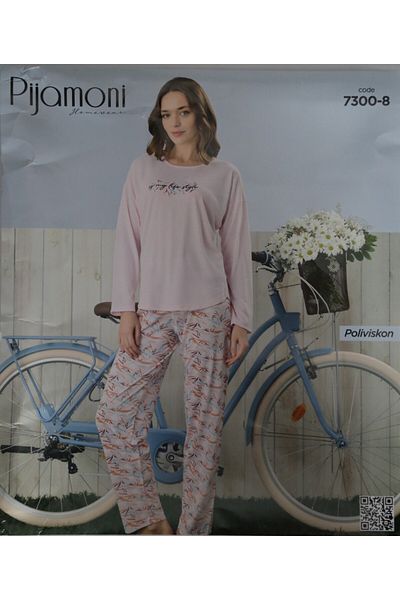 Pijamoni Polyviscos Pink Long Sleeve Zero Collar Pajama Set
