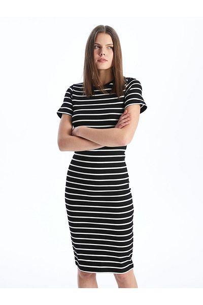 LC Waikiki Lcw Crew Neck Striped Short Sleeve Women's Bodycon Dress Fast Fashion