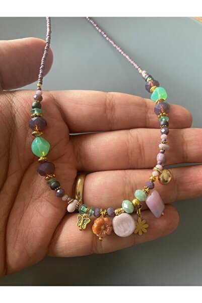 dela otantik El Yapımı Zarif Bohem Kolye – Pastel ve Mor Vintage Otantik Boncuku Özel Tasarım Takı Necklace