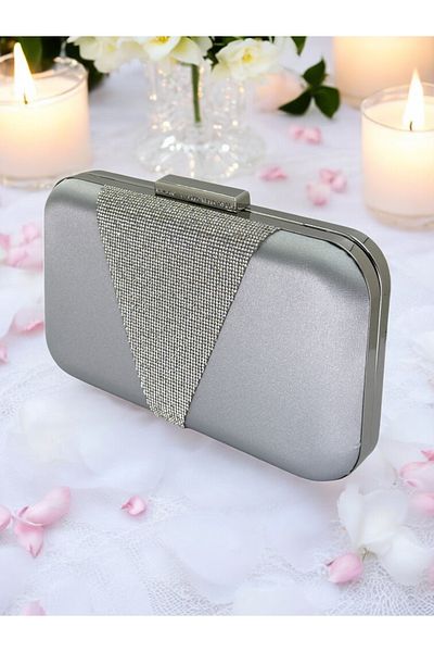 Biçanta Stříbrná šedá barva Satin Silver Stone Večerní taška Večerní taška Zásnubní svatební taška