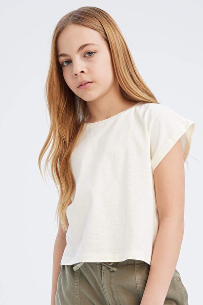 DeFacto 100% Cotton Boxy Fit Crew Neck Basic Short Sleeve T-Shirt for Girls C...