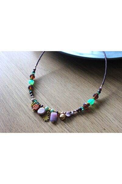 dela otantik El Yapımı Zarif Bohem Kolye – Pastel ve Mor Vintage Otantik Boncuku Özel Tasarım Takı Necklace