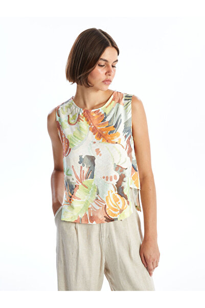 LC Waikiki Damenbluse mit Rundhalsausschnitt und Leinenoptik-Muster