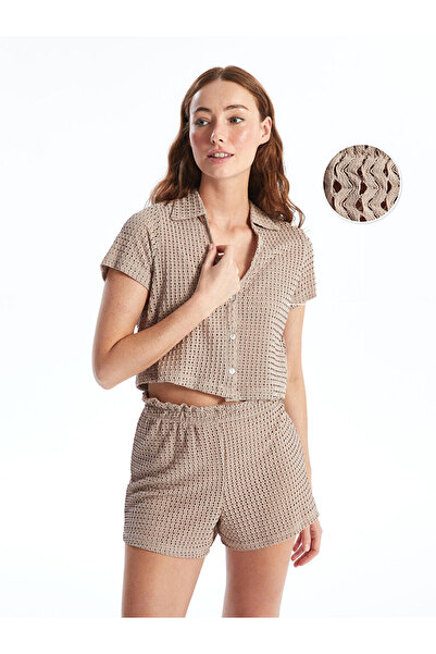 LC Waikiki Beige Polo Neck Lace-Like Knit Short Sleeve Women's Beach Blouse