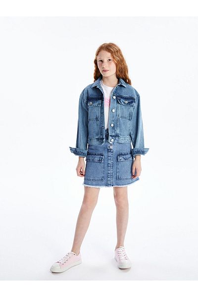 LC Waikiki Lcw Shirt Collar Printed Girl's Jean Jacket Fast Fashion