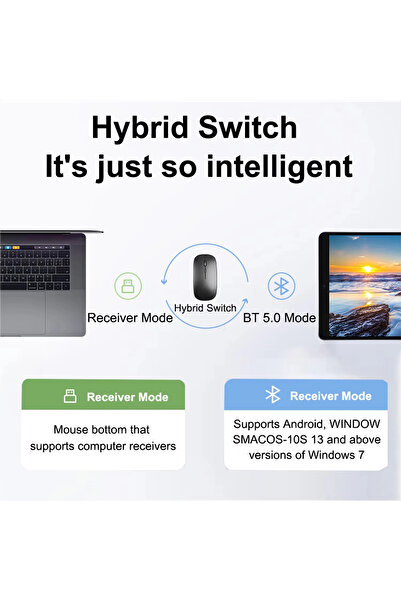 MMP SHOP Apple Macbook Laptop İpad Şarj Edilebilir Bluetooth + 2.4GHz Wifi Kablosuz Sessiz Mause Fare