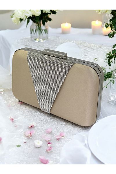Biçanta Nude Color Satin Silver Stone Βραδινό Τσάντα Βραδινή Τσάντα Αρραβώνα Τσάντα Γάμου