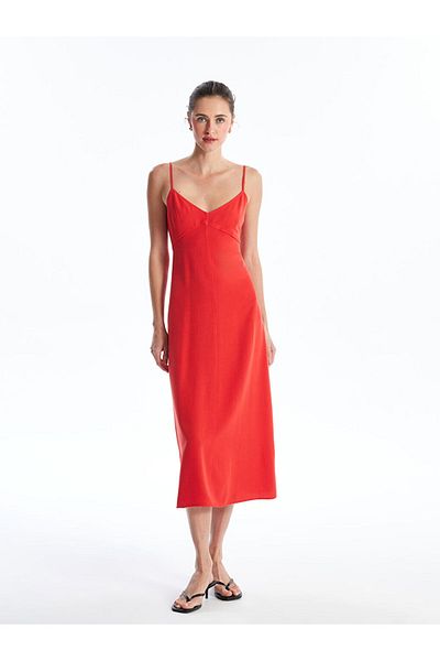 LC Waikiki Lcw Heart Collar Straight Strap Linen Blend Women's Dress