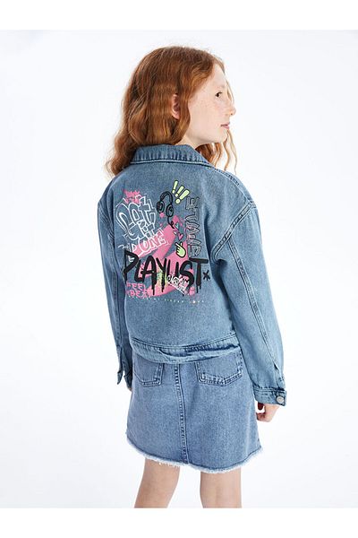 LC Waikiki Lcw Shirt Collar Printed Girl's Jean Jacket Fast Fashion