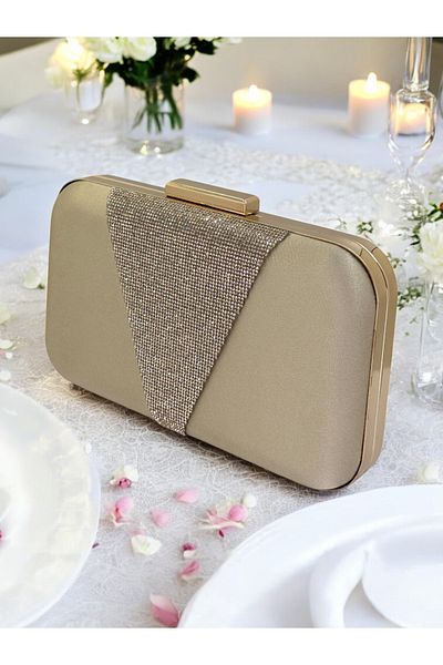 Biçanta Nude Color Satin Gold Stone Βραδινό Τσάντα Βραδινή Τσάντα Αρραβώνα Τσάντα Γάμου