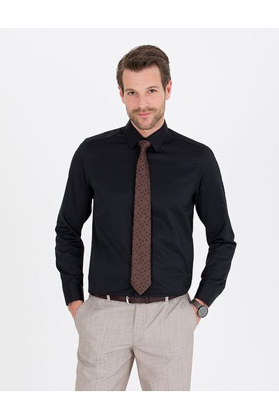 Pierre Cardin ЧЕРНА РИЗА С ДЪЛЪГ РЪКАВ ОТ ТЪКАН ПЛАТА SLIM FIT ОТ PIERRE CARDIN