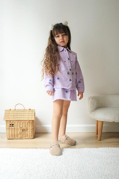 Magu Girl's Lilac Denim Jacket and Skirt Set – Casual and Stylish Combination with Flower Embroidery Detail