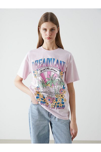 LC Waikiki Γυναικείο μπλουζάκι XSIDE Pink Crew Neck με στάμπα